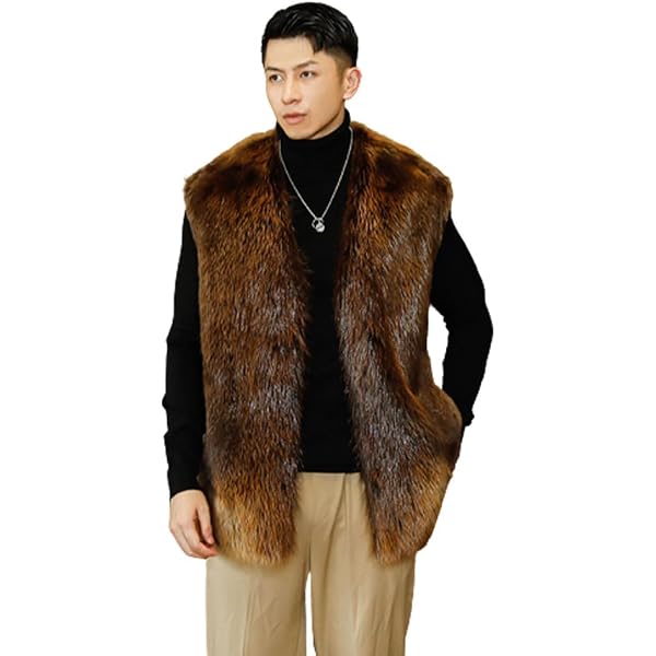 Denny&Dora Men's Wolf Fur Vest Brown Color Sleeveless Winter Coat