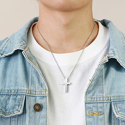 Cross Necklace Men Stainless Steel : TEMPBEAU Mini Christian Cross Pendant Steel Color Men\'s Women\'s Unisex Cross Necklace with 51cm Chain Jewelry Gift