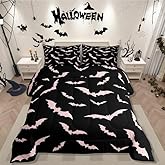 Erosebridal Bat Comforter Set Halloween Pink Bats Bedding Set with 2 Pillow Cases Silhouette Gothic Quilt Queen Size for Kids Boys Youth Gothic Spooky Bedding Comforter Sets,Black