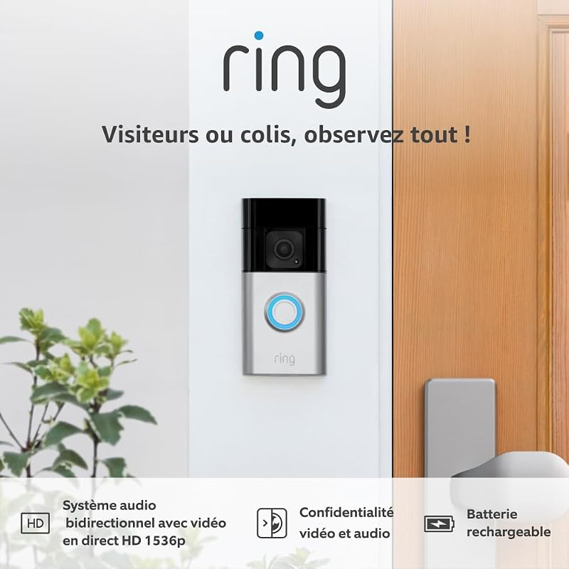 sonnette vidéo Plus sans fil (Battery Video Doorbell Plus) | Caméra sonnette vidéo sans fil à installer soi-même avec vidéo HD 1536p, batterie rechargeable | Facile à installer (5 min)