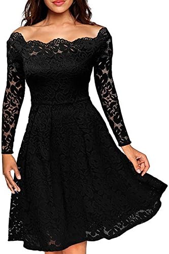 Ageena Women's Vintage Floral Lace Long Sleeve Boat Neck Cocktail Formal Swing Dress XXL Black