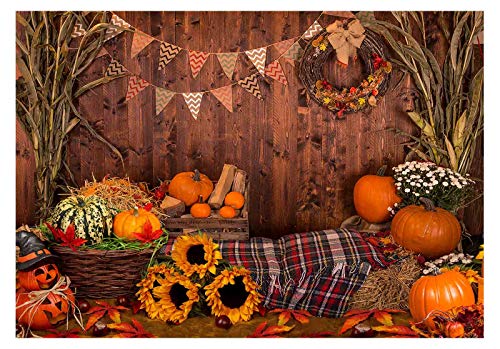 Allenjoy 7x5ft Autumn Forest Scenery Photography Backdrop Thanksgiving Golden Fall Barn Pumpkin Harvest Background Watercolor Nature Maple Leaves Baby Kids Portrait Party Banner Photo Studio Props 