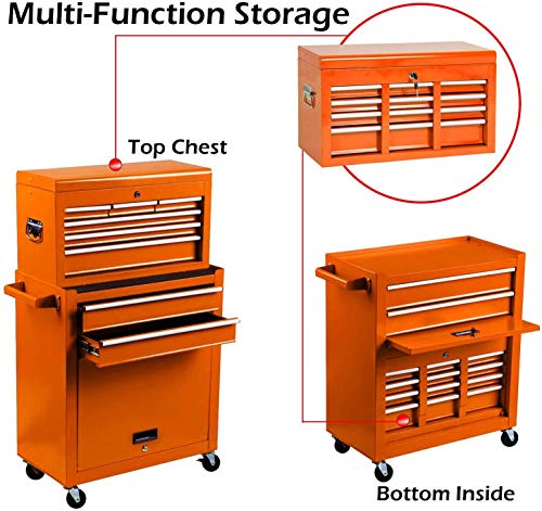Big Tool Chest,Removable 2 in 1 Tool Box,8-Drawer Tool Storage,Detachable Tool Chest with 4 Universal Wheels (2 PCS Lockable),Keyed Locking System Toolbox Organizer,orange - Thumbnail 4