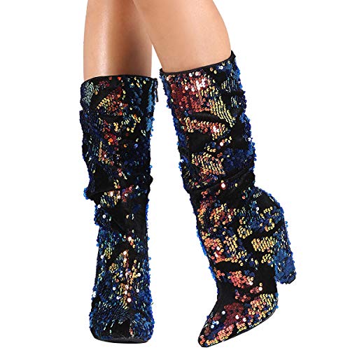 BAMBOO Womens Pointy Toe Slouchy Holographic Cone Heel Back Zipper Sequin Knee High Boots 10 Blue Multi