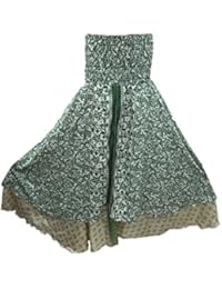 Womens Maxi Skirt Vintage Silk Sari Olive Green Two layered Beach Dress