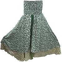 Womens Maxi Skirt Vintage Silk Sari Olive Green Two layered Beach Dress