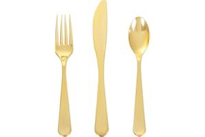 Joyido 150 PCS Gold Plastic Silverware - Gold Plastic Flatware Disposable - Heavy Duty Disposable Utensils Sets Includes 50 Forks, 50 Spoons, 50 Knives for Thanksgiving Party Wedding