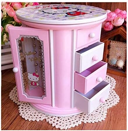 WXYI Jewellery Box wood, Mirror Place photo 3 drawers 6 hooks Can activate Free rotation Door frame Hello Kitty Music key Ring bracelet Birthday present