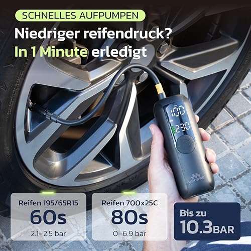 Woowind Bicycle Air Pump for Car, Bicycle & Moto, Auto Stop, 10.3 Bar | Electric bicycle pump, battery compressor, 1 minute inflation, LCD display, LED light