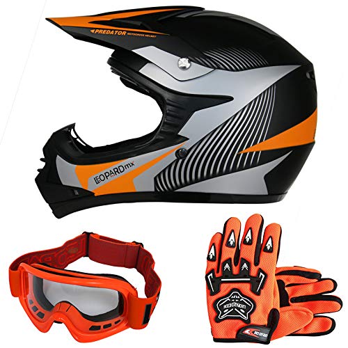 Leopard LEO-X19 Kinder Motocross MX Helm { Motorradhelm + Handschuhe + Brille} Orange M (51-52cm) ECE Genehmigt Crosshelm Kin
