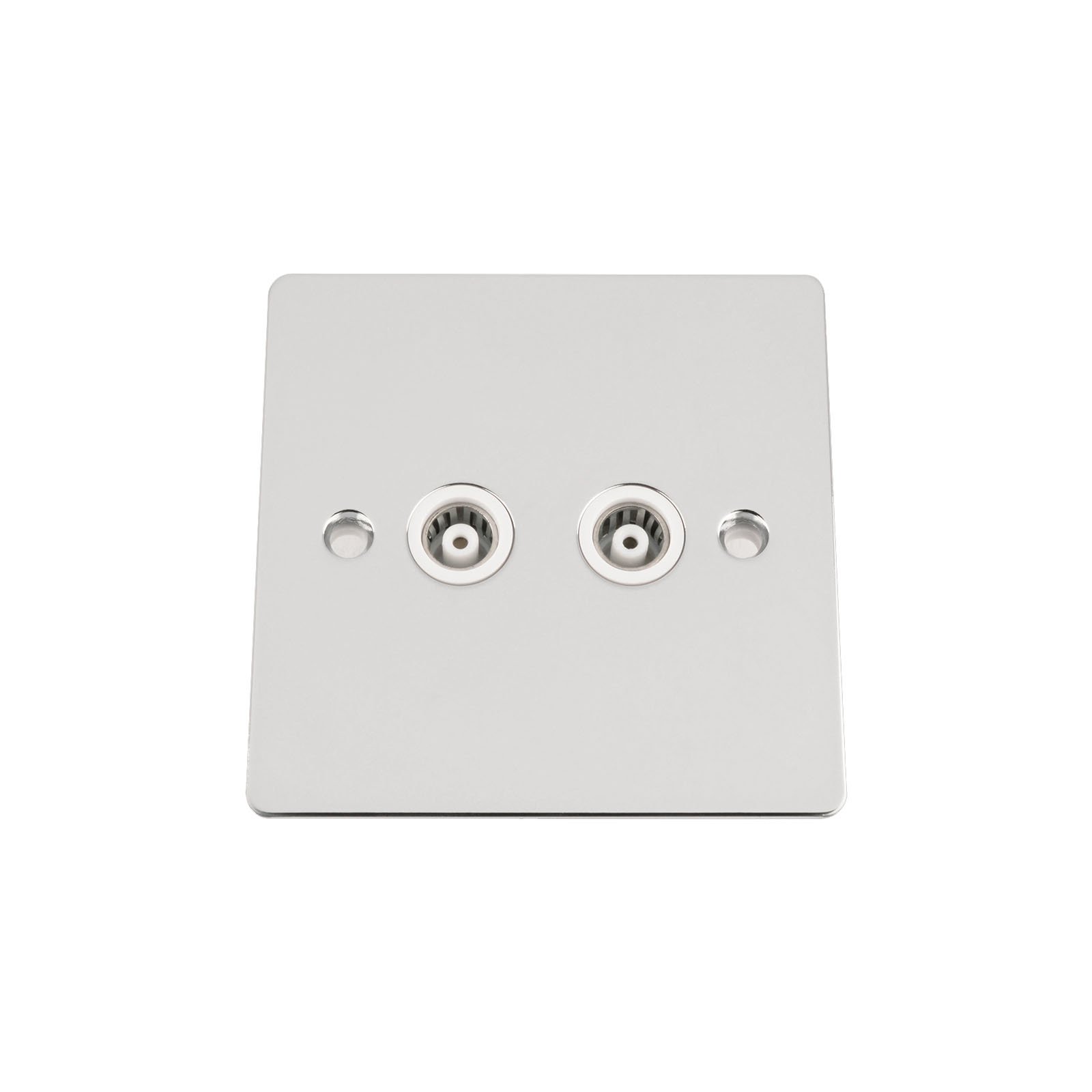TV Coaxial Aerial Socket Double 2 Gang - Polished Chrome Flat - White Insert