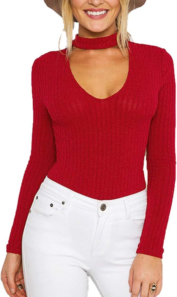 Cuihur Womens V Neck Bodysuit Ribbed Kintted Long Sleeve Cut Out Blouse Tops