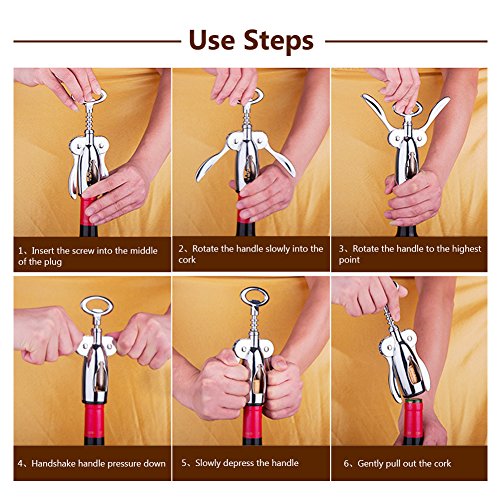 Foho Wing Corkscrew Wine Opener, Premium All-in-one Wine Corkscrew and Bottle Opener With Bonus Wine Stopper, Waiters Corkscrew - Handheld Design - Stainless Steel - Thumbnail 5