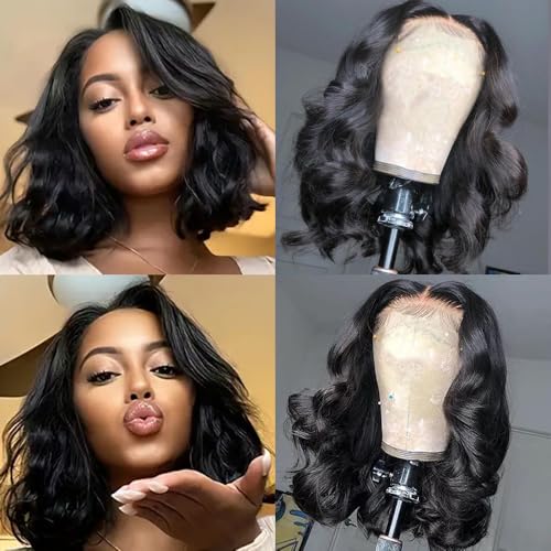 Human Hair Wig Glueless Wear and Go 4x4 Pre Cut Lace Front Body Wave Wig Brazilian Straight Bob Pre Plucked Brazilian Natural Hairline for Women 180% Density 16 inch (40cm)