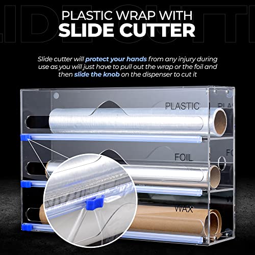 YOC Wrap Dispenser, Clear Acrylic Foil, Wax Organizer with Slide Cutter, Suitable for Wall Mounting or Kitchen Drawer, Compatible with 12 Inch Rolls (3 in 1 Wrap Dispenser)