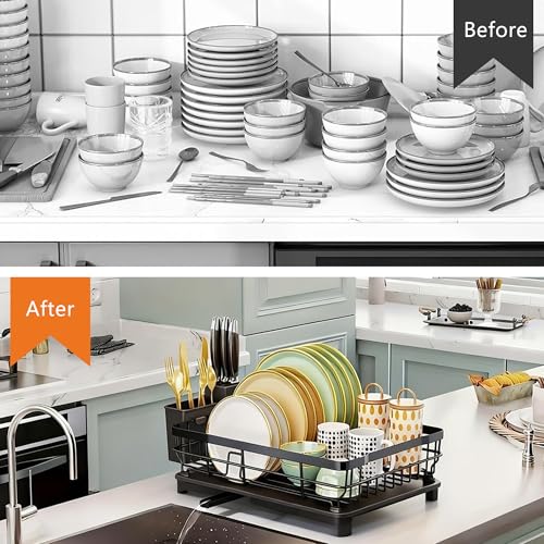 Velvaria Multi-Functional Dish Drying Rack, Large Metal Dish Drainer with Drip Tray and 360° Swivel Spout for Kitchen Counter (White, 2 Tiers)