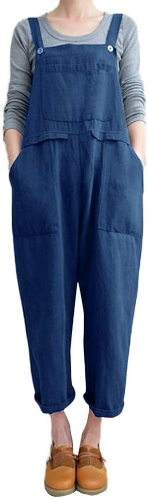 RAISINGTOP Women Overalls and Jumpers Elastic Waist Dungarees Linen Cotton Pockets Rompers Jumpsuit Denim Shorts Pants