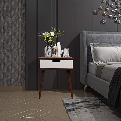 Nightstand End Table with Drawers Storage, Frylr Bedside Table Latest with 2 Power Sockets and 2.1A USB Charging Ports Design for Living Room Sofa, Light Walnut and White