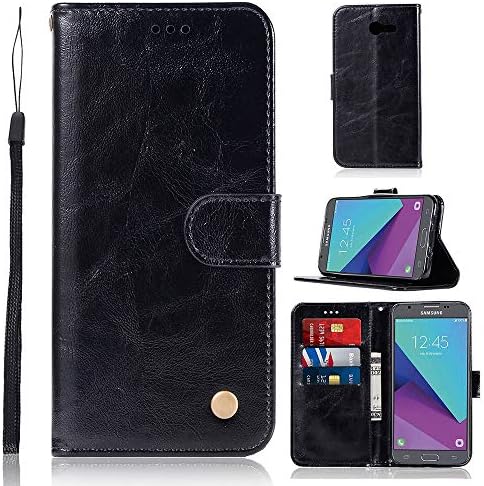 Teepo Galaxy J7 (2017) Case, Galaxy J7 V/J7 Prime Leather Case, J7 Sky Pro clamshell wallet case/wrist strap/magnetic buckle/credit card slot holder/bracket function for Samsung Galaxy J7(2017) -Black