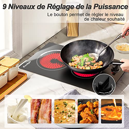 Cooksir Ceramic Hob 2 Burners with Buttons, 2 Burners Electric Hob with Plug, 30 cm Recessed Electric Hob, 3000 W, Control Buttons, 9 Levels, 240 V
