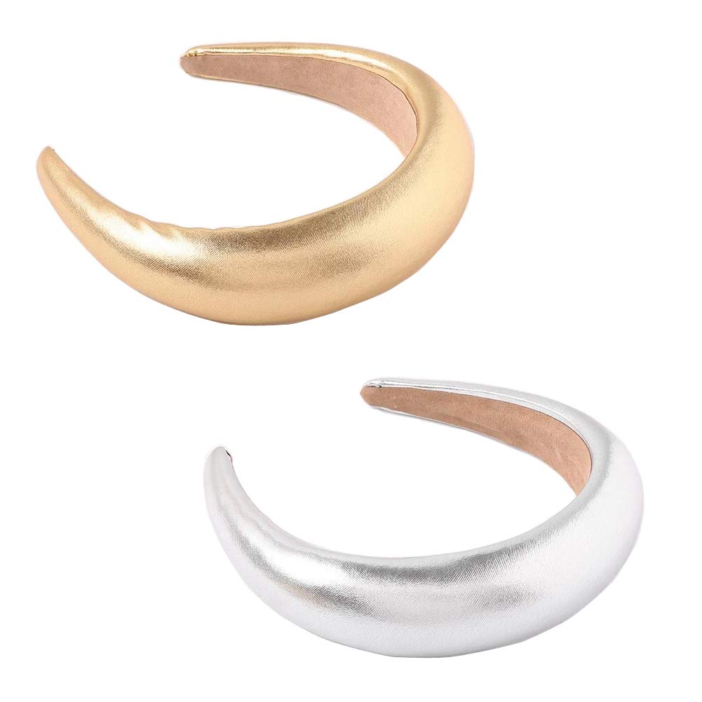 2 Pack Vintage Leather Headbands for Women Wide Padded Hair Bands Non-Slip Headwear Fashion Accessory for Party and Daily Wear(Gold +Silver)