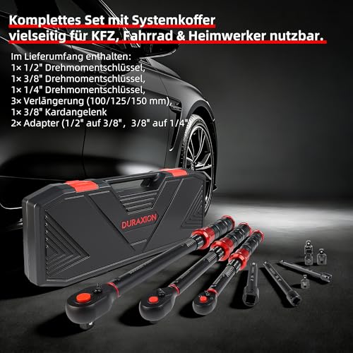 DURAXION 9-piece torque wrench set 1/2 inch, 3/8 inch, 1/4 inch, ±3% error accuracy, 72 teeth, small torque wrench 20-230 Nm, 5-70 Nm, 1-26 Nm, for tyre change, car, bicycle, motorcycle, truck, NKW