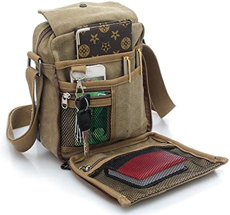 Canvas Small Messenger Bag Casual Shoulder Bag Travel Organizer Bag Multi-pocket Purse Handbag Crossbody Bags (Khaki)