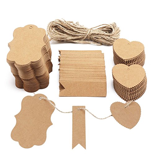 Paper Gift Tags, Segarty Custom Brown Kraft Paper Tags Price Tags Label Tags 300 PCS with Natural Jute Twine for Wedding Birthday Christmas Thanksgiving