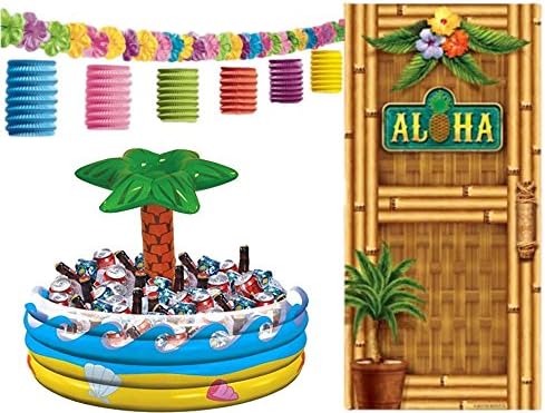 Tropical Hawaiian Summer Luau Beach Tiki Pool Party Supplies and Decorations: Bundle includes (1) Inflatable Tropical Palm Tree Cooler, (1) Aloha Door Cover, and (1) Tiki Lounge Lantern Garland