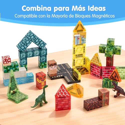 hahaland Bloques Magneticos Construccion Niños 52 Piezas, Cubos Magneticos con Temática de Bosque y Dinosaurios - Juguetes de Viaje Magnetic Blocks Construcciones Magneticas Niños para de 3 4 5 6 Años