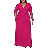 Runwind Plus Size Dress for Women - 3/4 Sleeve V Neck Maxi Dresses for Women (XL-6XL)
