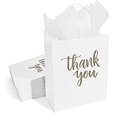 DjinnGlory 50 Pack Medium White Kraft Bags With Tissue Paper, Thank You Gift Bags With Handles 10x8x4 Inches for Birthday Wedding Baby Shower Party Favors Goodies, Merchandise Bulk