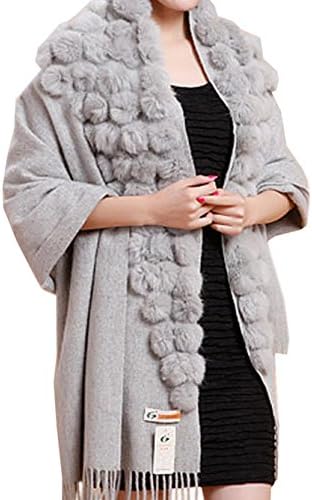 QYQS Women's Exotic Design 100% Wool Rabbit Fur Pom Ball Soft Scarf Wrap Shawl Grey