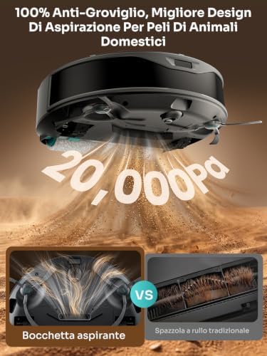 M210 Omni Robot Aspirapolvere Lavapavimenti con Rullo 20000Pa Anti Groviglio, Aspirapolvere Robot con Lavaggio ad Acqua Pulita, Contenitore 800ml, Ultra Sottile 85mm per Peli Animali, Grigio