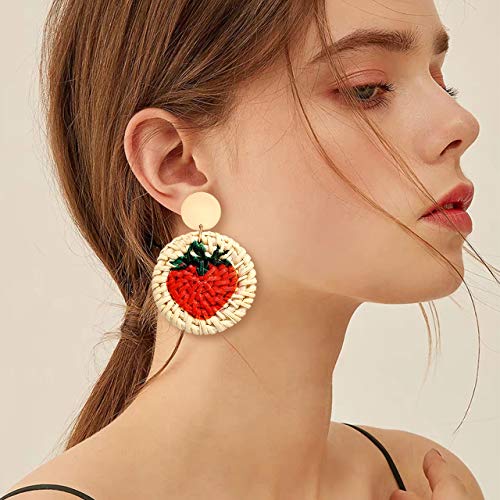 CEALXHENY Rattan Earrings Straw Wicker Braid Earrings Tropical Fruit Print Drop Dangle Earrings Handmade Statement Earrings for Women Girls (Strawberry)
