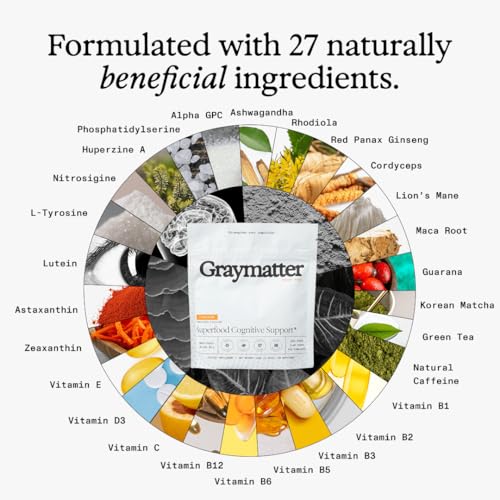 Graymatter Bright Mind Nootropic Powder (40 Servings: Strawberry Lemon) – Plant-Based Energy & Focus Drink Mix, Adaptogens & Vitamins, Sugar-Free Daily Supplement