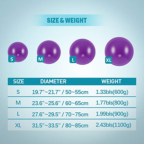 Forbidden Road Exercise Yoga Ball (4 Sizes, 4 Colors) 400 lbs Anti-Burst Slip-Resistant Yoga Balance Stability Swiss Ball for Fitness Exercise with Free Air Pump (Purple, Diameter: 50-55cm)