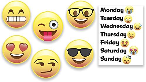 Emoji Gift Set includes Emoji Magnets, Set of 6 Different Emojis Faces, and 1 Day of the Week Magnet, Super Cute Magnets for Home, Office, Fridge, Lockers, or Party Favors, Made in USA