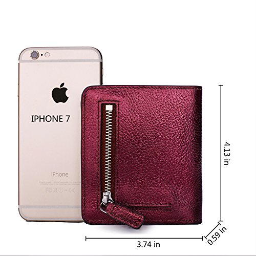 BIG SALE-AINIMOER Women's RFID Blocking Leather Small Compact Bifold Pocket Wallet Ladies Mini Purse with id Window (Wine Gold)