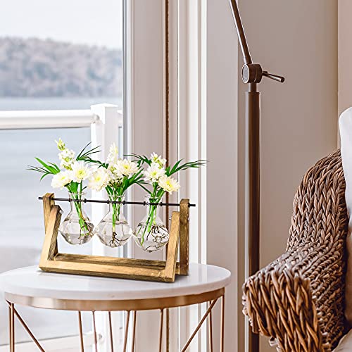 Waytoeast Propagation Stations Desktop Air Plant Terrarium - Glass Planter 3 Diamond Glass Vase with Swing Wooden Stand for Hydroponics Plants Home Garden Office Decor