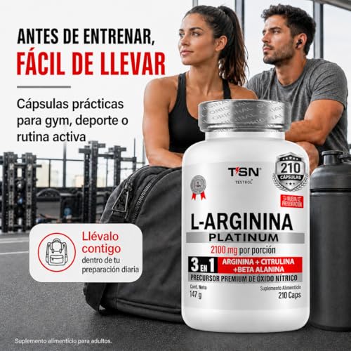 Arginina Platinum 2100mg por porción | L Arginina + L Citrulina + Beta Alanina | Pre Workout | Pre Entreno sin Cafeina | Precursor de Oxido Nítrico | Rendimiento y Energia | Testrol TSN (210 Cápsulas).