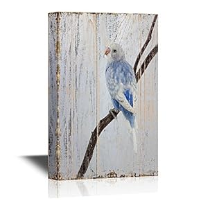 Birds and Poultry Canvas Wall Art - A Blue Bird Standing on The Tree Branch - Vintage Wood Style Giclee Print Gallery Wrap Modern Home Art | Ready to Hang - 12x18 inches