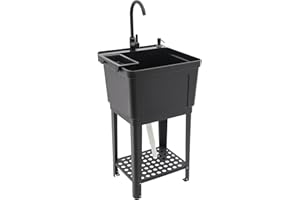 MOCHAG Space Saver Utility Sink Laundry Tub, Freestanding Plastic Laundry Sink with Hot&Cold Faucet and Storage Rack, Compact Shop Sink Ideal for Laundry Room,Garage,Pet Wash Station19.7*18.9*33inch, Black