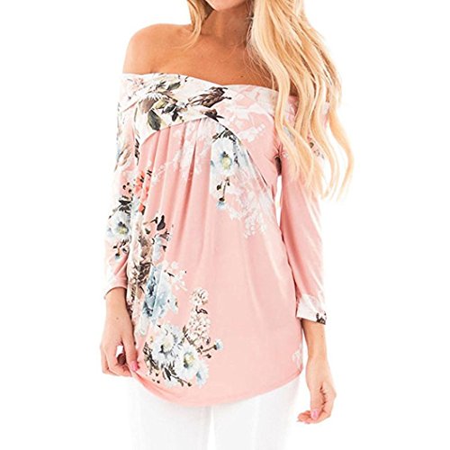 TAORE 2017 Women's Off Shoulder Flower Print Long Sleeve Loose Casual Shirt Blouse Tops (3XL, Pink)