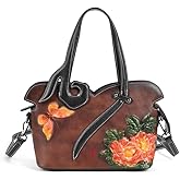 Floral Genuine Leather Tote Bag for Women Vintage Cowhide Shoulder Purse Crossbody Shopping Handbag