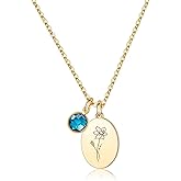JRLCTECH Birth Flower Necklaces for Women, 18K Gold Plated Dainty Birthstone Pendant Necklaces Trendy Handmade Oval Coin Birth Month Flower Jewelry Birthday Gifts for Women Girls Teens