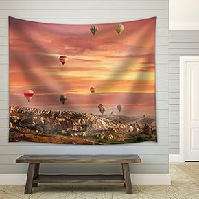 Multi-Colored Air Shata Fly Over Rocks in Cappadocia at Sunrise - Fabric Wall Tapestry Home Decor - 51x60 inches