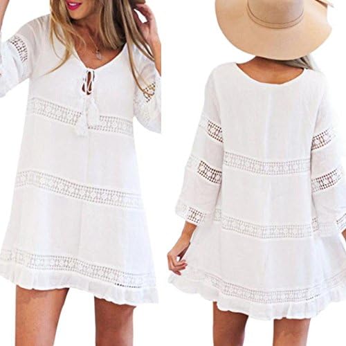 Kollmert Women Summer Three Quarter Sleeve Loose Lace Boho Beach Mini Short Dress