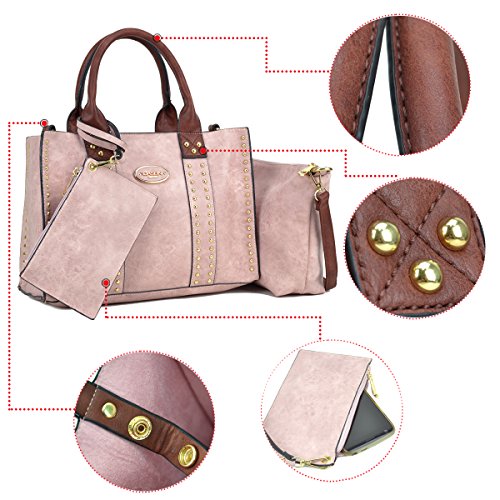 Women Handbag 3 Pieces Set Leather Shoulder Bag Satchel Purse 3 in 1 Simple Design Pink Coffee