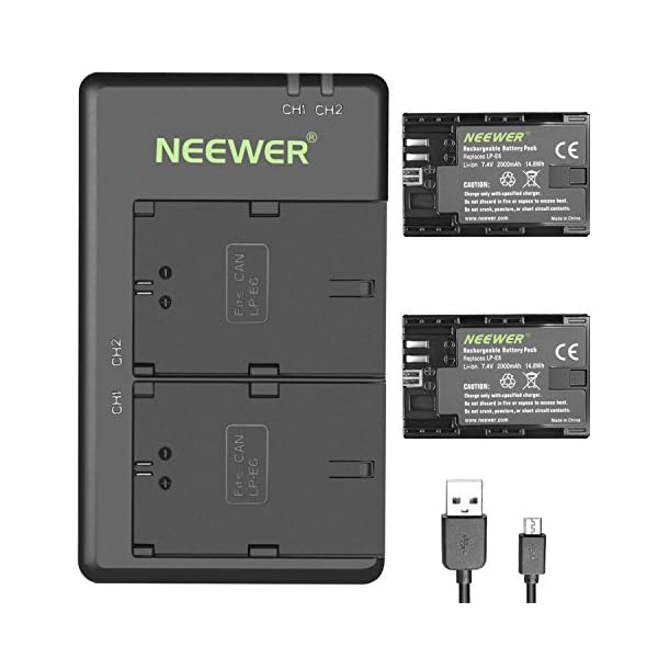Neewer LP-E6 LP-E6N Kamera Ersatzakku für Canon, 2-Pack 2000mAh Batterie Ladegerät Set für EOS 7D Mark II/5D Mark IV/5D Mark III/70D/5DS/5DS R/5D Mark II/6D/7D/80D/60D usw. (Schwarz) – Bild 3